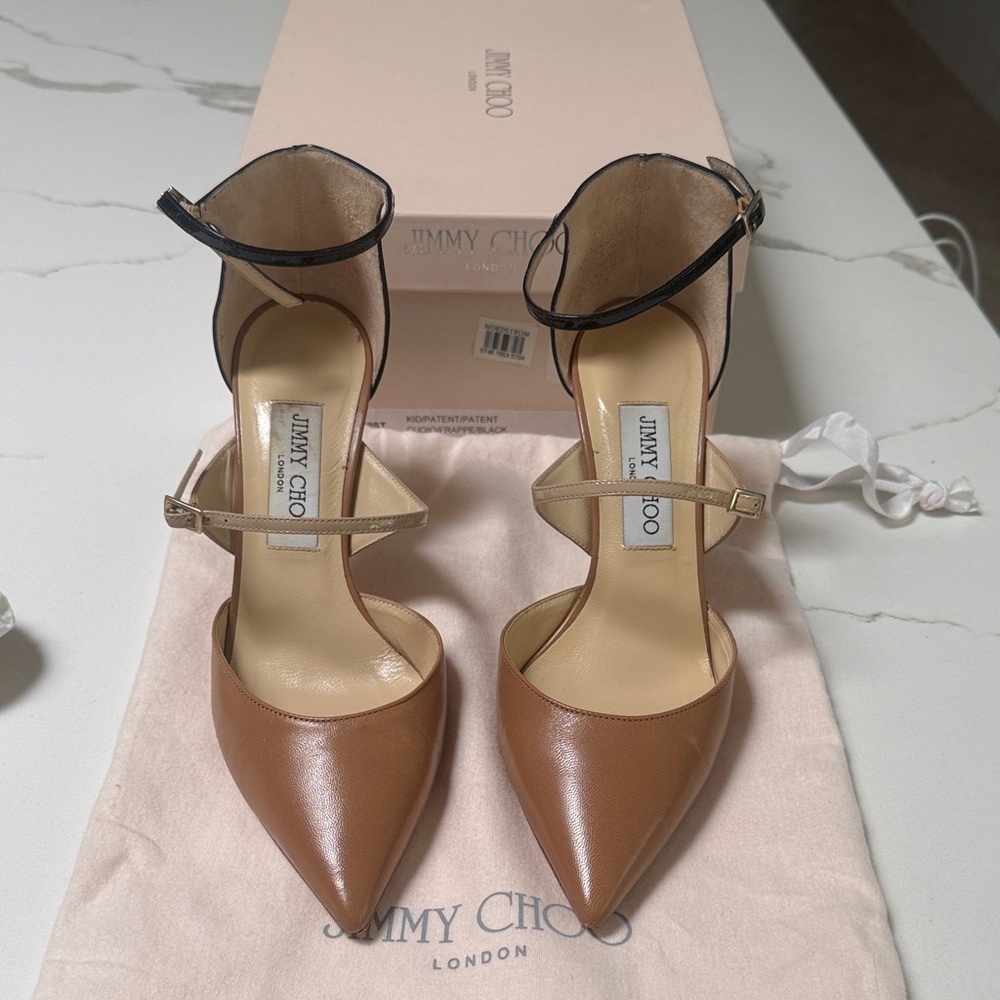 Jimmy Choo Tan and Black Leather Heels